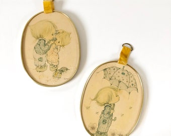 Vintage Set of 2 Small Precious Moments Illustrations Wall Hangings with Velvet Ribbon