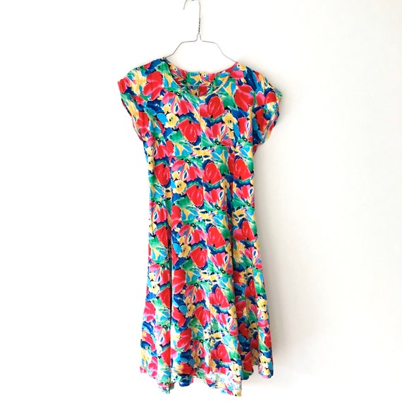 Vintage 80s Handmade Cap Sleeve Multicolor Floral… - image 1