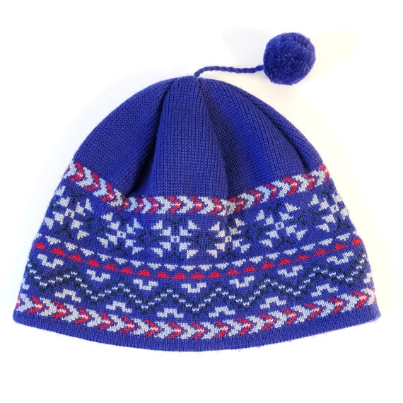 Vintage 90s Purple Striped Knit Wool Ski Hat with Pom Pom, Made in Canada