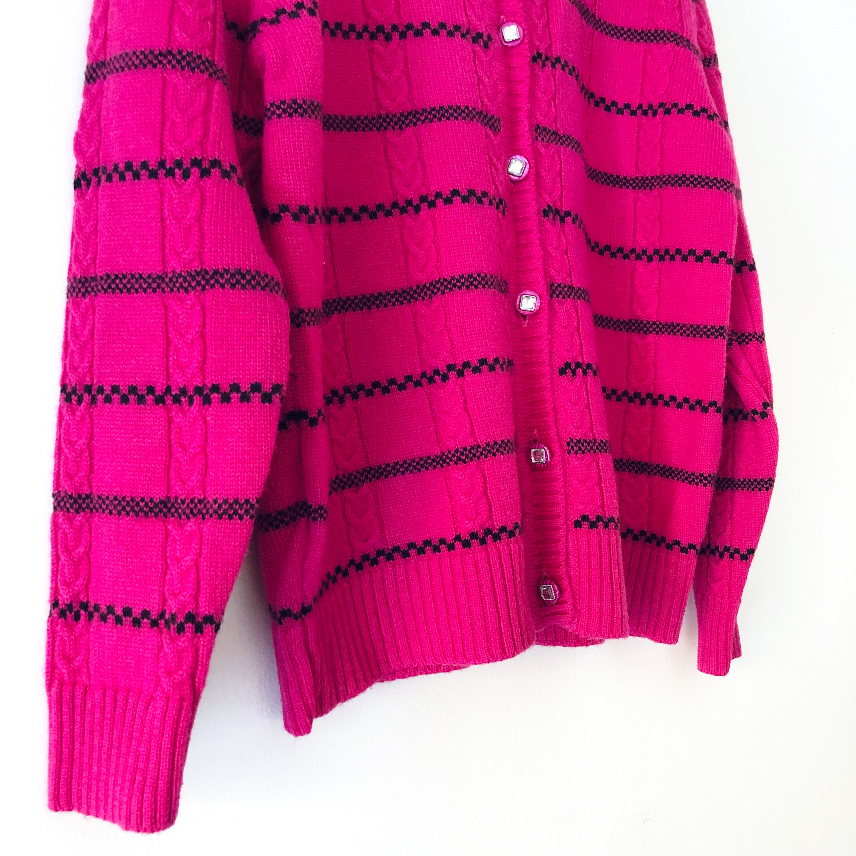Vintage 80s Pink and Black Striped Cable Knit Cardigan With