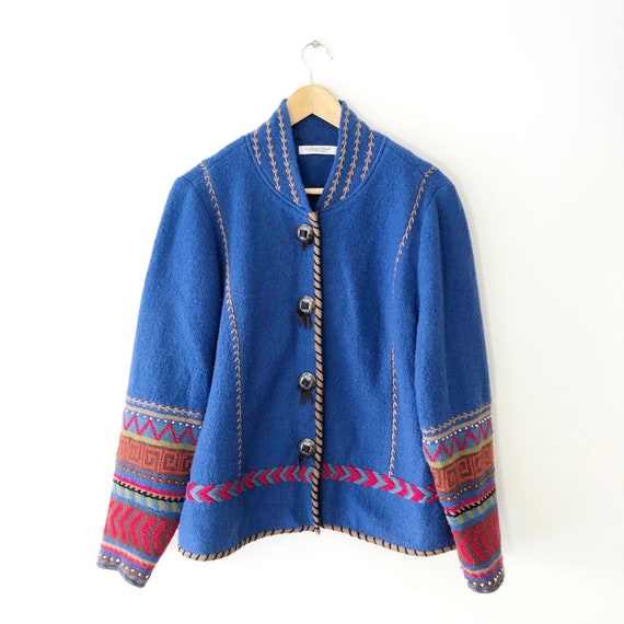Vintage 90s Blue Wool Boho Southwest Embroidered … - image 1