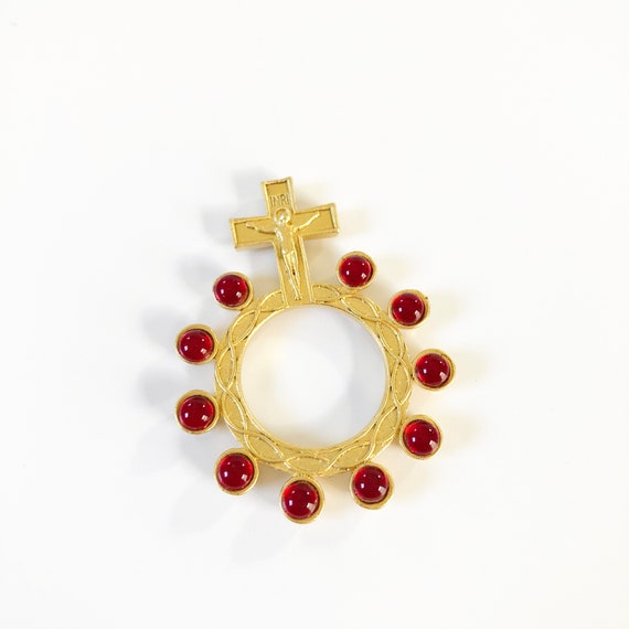 Vintage 1970s Avon Gold Tone Cross Charm with Rub… - image 1