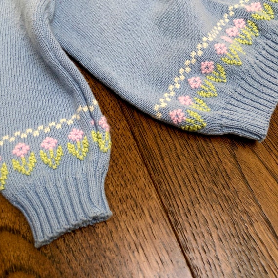 Vintage 90s Kids Light Blue Knit Cotton Sweater w… - image 3