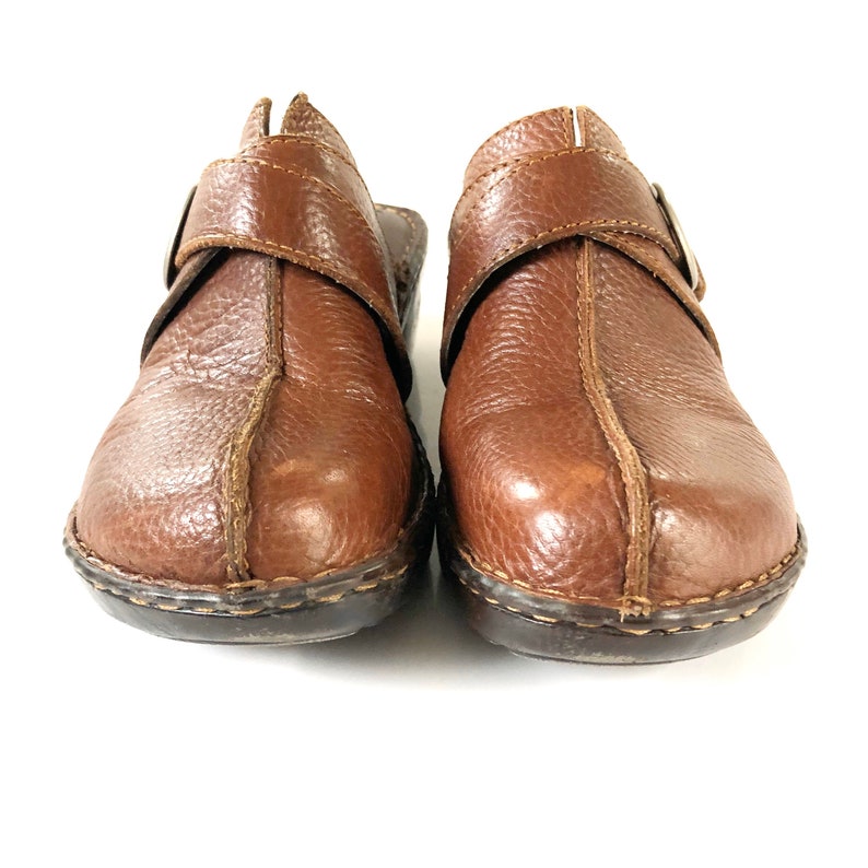 Vintage Brown Leather Buckle Strap Slip On Clogs Size 9
