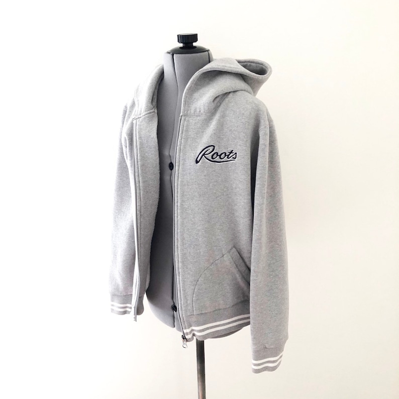 Size M Vintage 90s Roots Canada Women/'s Grey Embroidered Sweatshirt with Convertible Hood