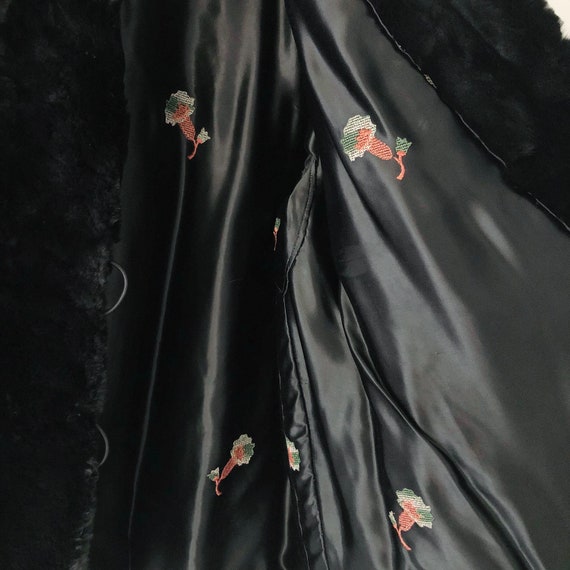 Vintage 1960s Women s Black Rabbit Fur Jacket with Marbled Buttons and Emrbroidered Lining Size M