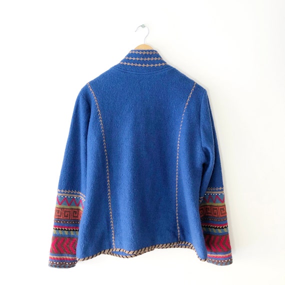 Vintage 90s Blue Wool Boho Southwest Embroidered … - image 2