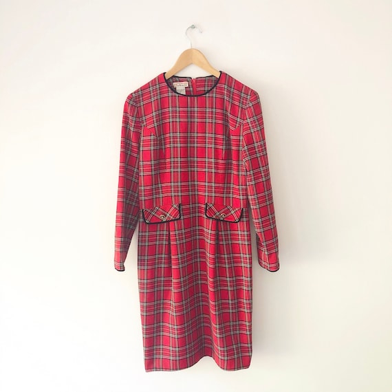 Vintage 80s Talbots Red Plaid Long Sleeve Pencil … - image 1