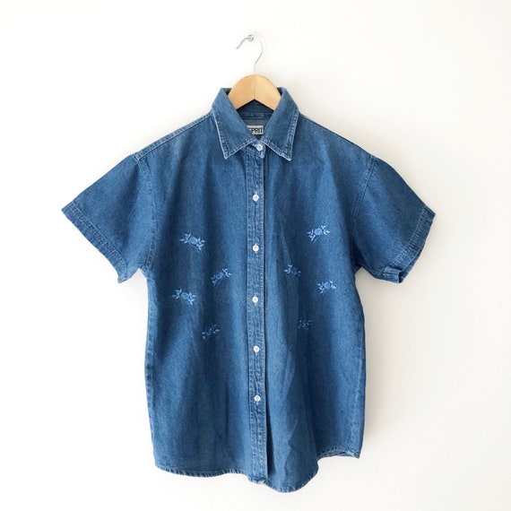 Vintage 90s Esprit Blue Denim Shirt with Embroider