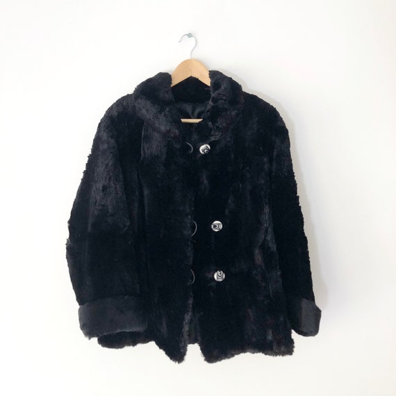 Vintage 1960s Women's Black Rabbit Fur Jacket wit… - image 1