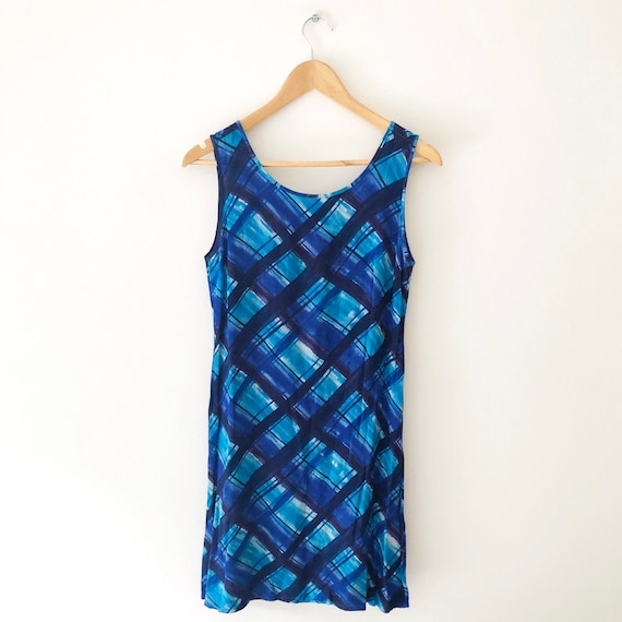 Vintage 90s Blue and Purple Abstract Plaid Semi-S… - image 1