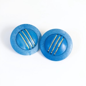 Vintage 80s Blue and Gold Round Oversized Stud Pierced Earrings, Retro 1980s Costume Jewelry