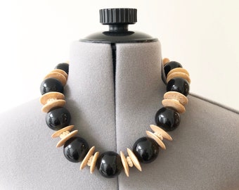 Vintage 90s Black and Wood Chunky 90s Beaded Choker, Statement Necklace, Necklaces for Women, Boho Necklace, Short Necklace