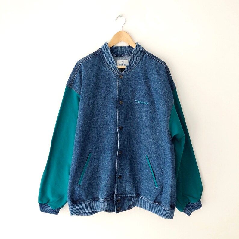 Made in Canada Size XXL Vintage 90s Blue Denim and Turquoise Colorblock Embroidered Timberjack Jacket
