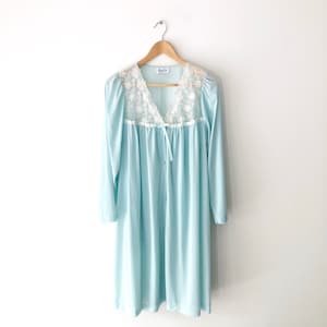 Vintage 1950s Vanity Fair Light Blue Long Sleeve Floral Lace Bow Button Up Nightgown, Made in USA, Size M
