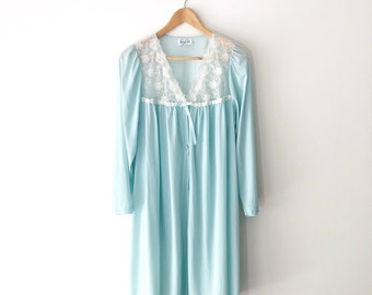 Vintage 1950s Vanity Fair Light Blue Long Sleeve Floral Lace Bow Button Up Nightgown, Made in USA, Size M