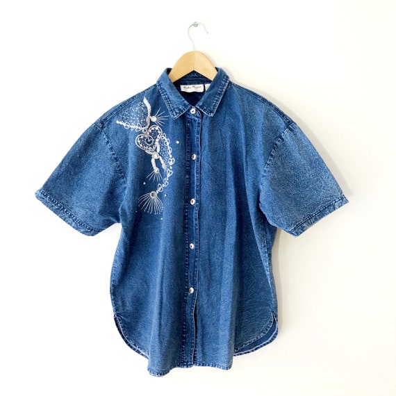 Vintage 80s Acid Wash Blue Denim Shirt with Beade… - image 1