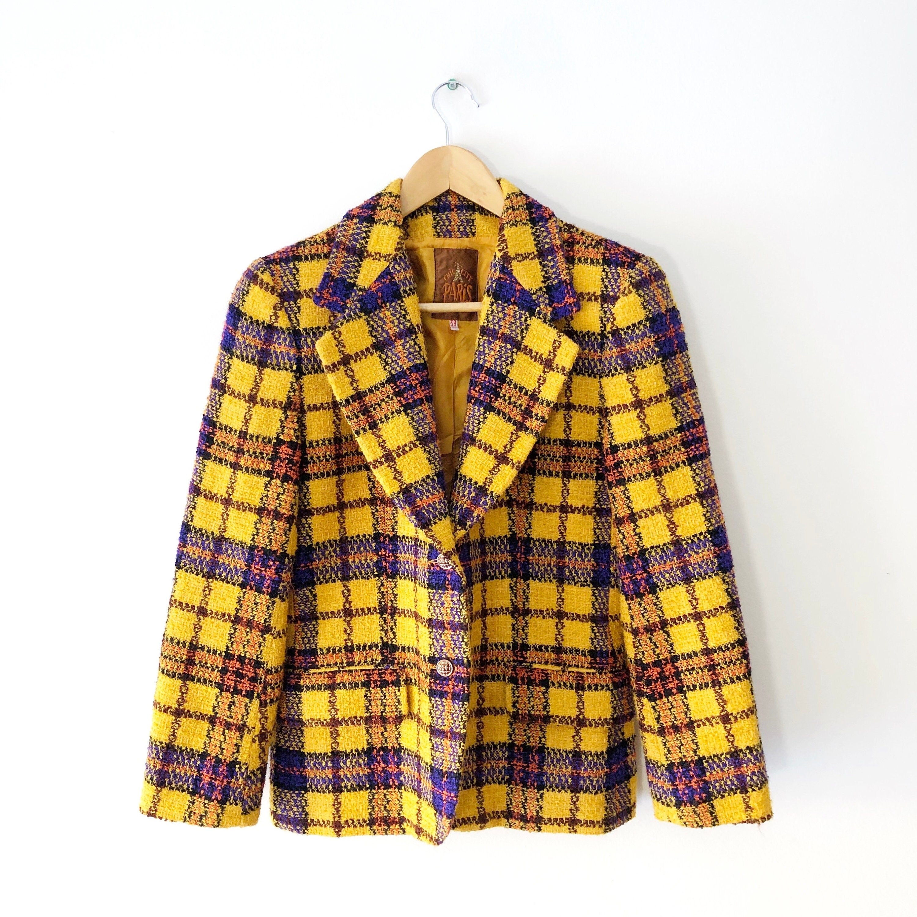 Vintage 80s Yellow and Purple Plaid Wool Blend Blazer Jacket 