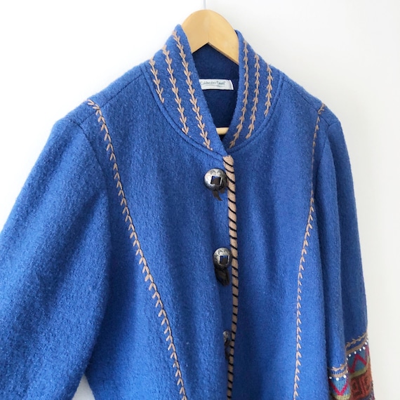 Vintage 90s Blue Wool Boho Southwest Embroidered … - image 3