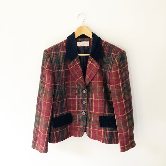 Vintage 90s Red and Green Plaid Wool Blazer with B