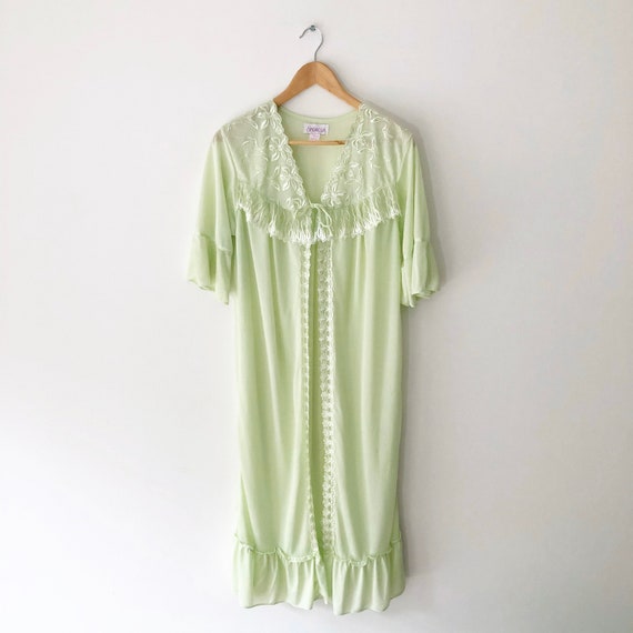 Vintage Green Sheer Embroidered Ruffle Robe, Size