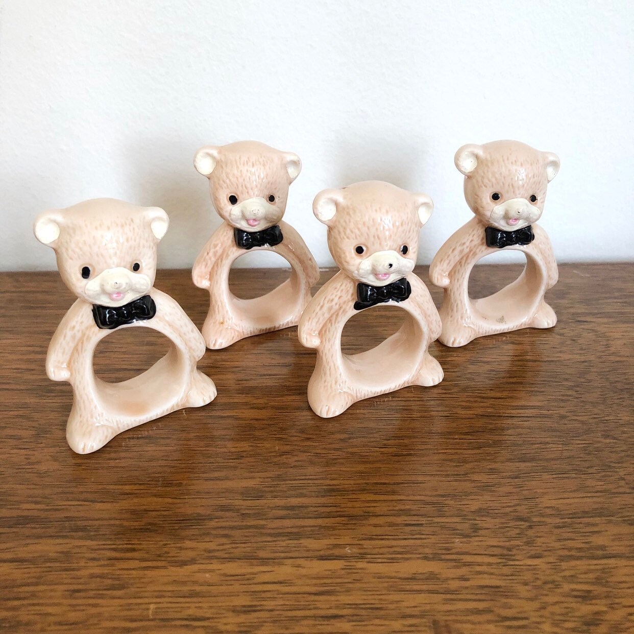 Vintage 70s Set of 4 Ceramic Teddy Bear with Bowtie Napkin Rings