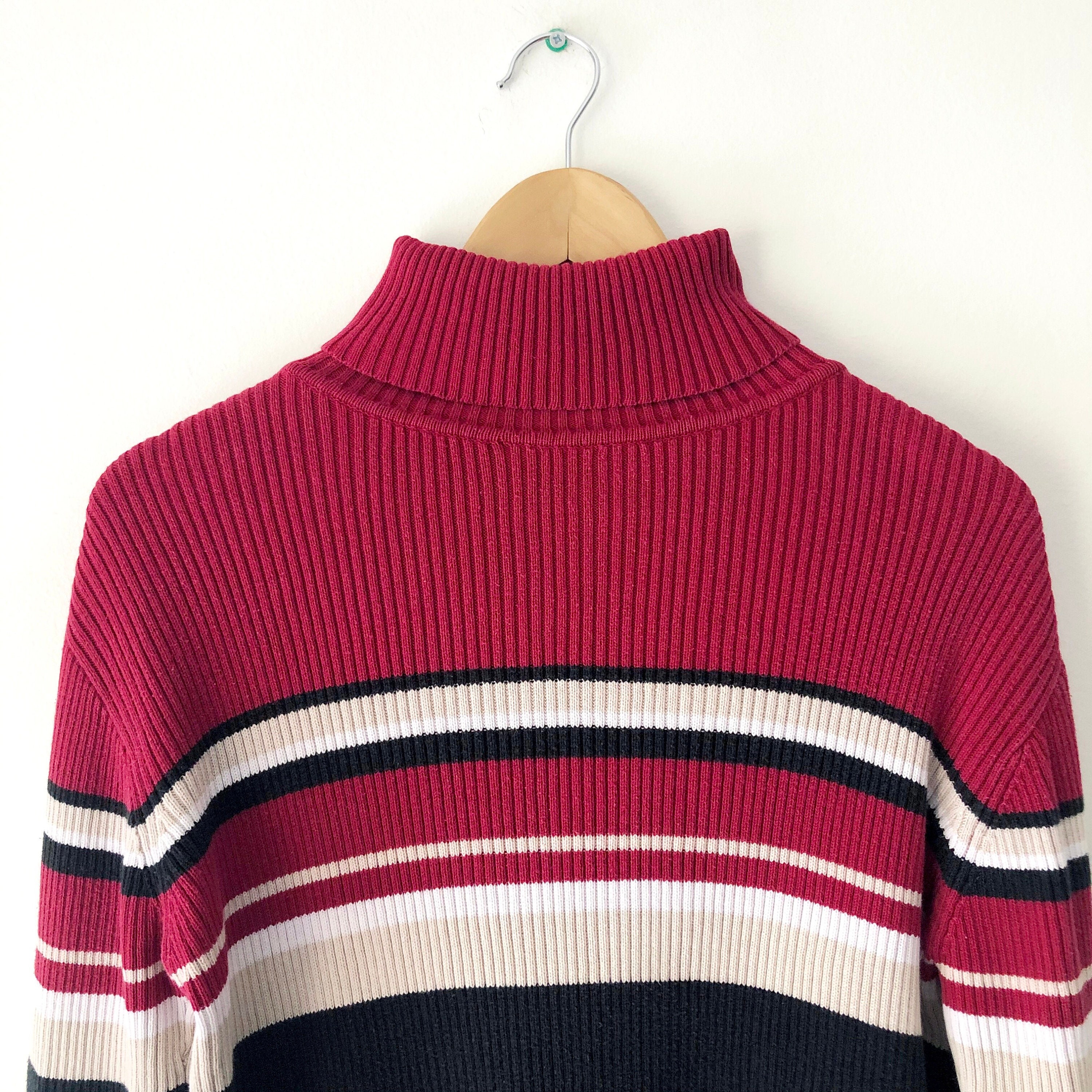 Vintage 90s Ribbed Striped Turtleneck Sweater 100% Cotton | Etsy