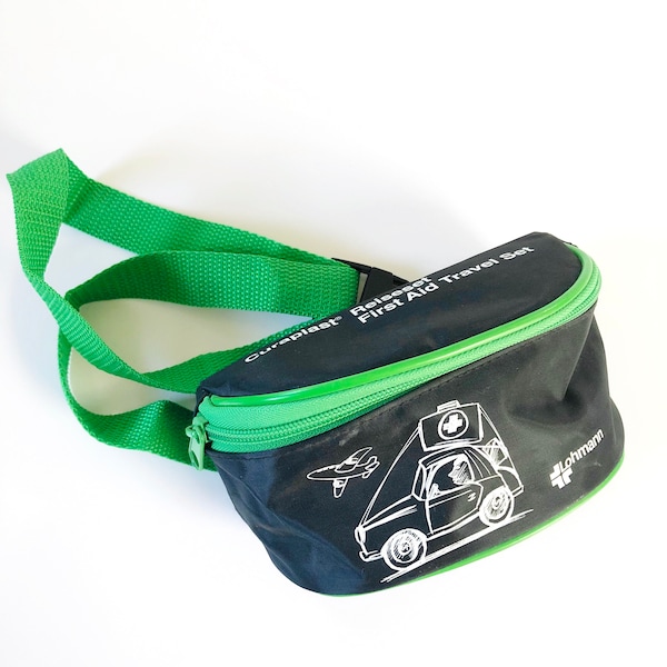 Vintage 90s Black Neon Green German First Aid Waist Bag, Retro Fanny Pack, Mini Fanny Pack, Small Fanny Pack, Vintage Bum Bag