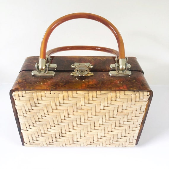 Vintage Woven Wicker Box Purse with Tortoiseshell