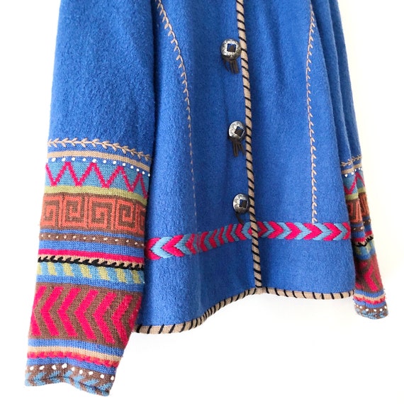 Vintage 90s Blue Wool Boho Southwest Embroidered … - image 4
