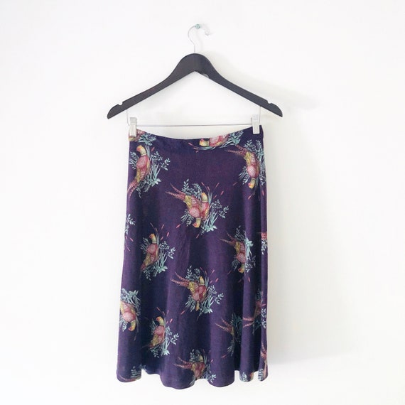 Vintage Purple Semi-Sheer Bird Print Skirt, 28" Wa