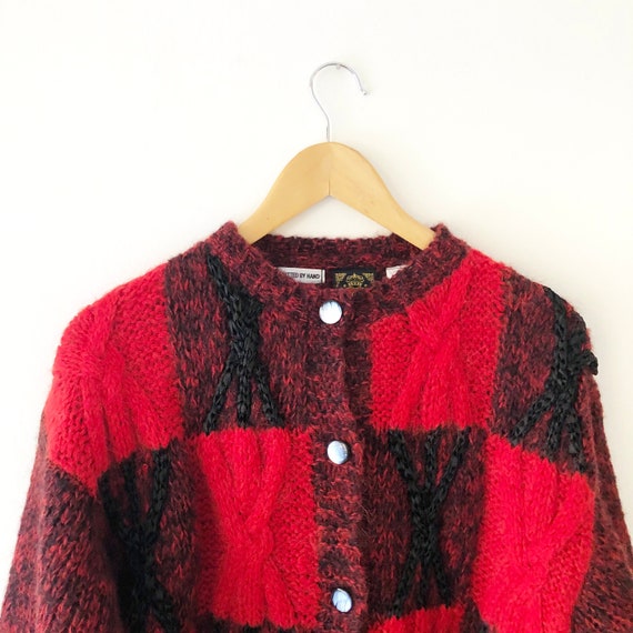 Vintage Fuzzy Hand Knit Red and Black Patchwork P… - image 1