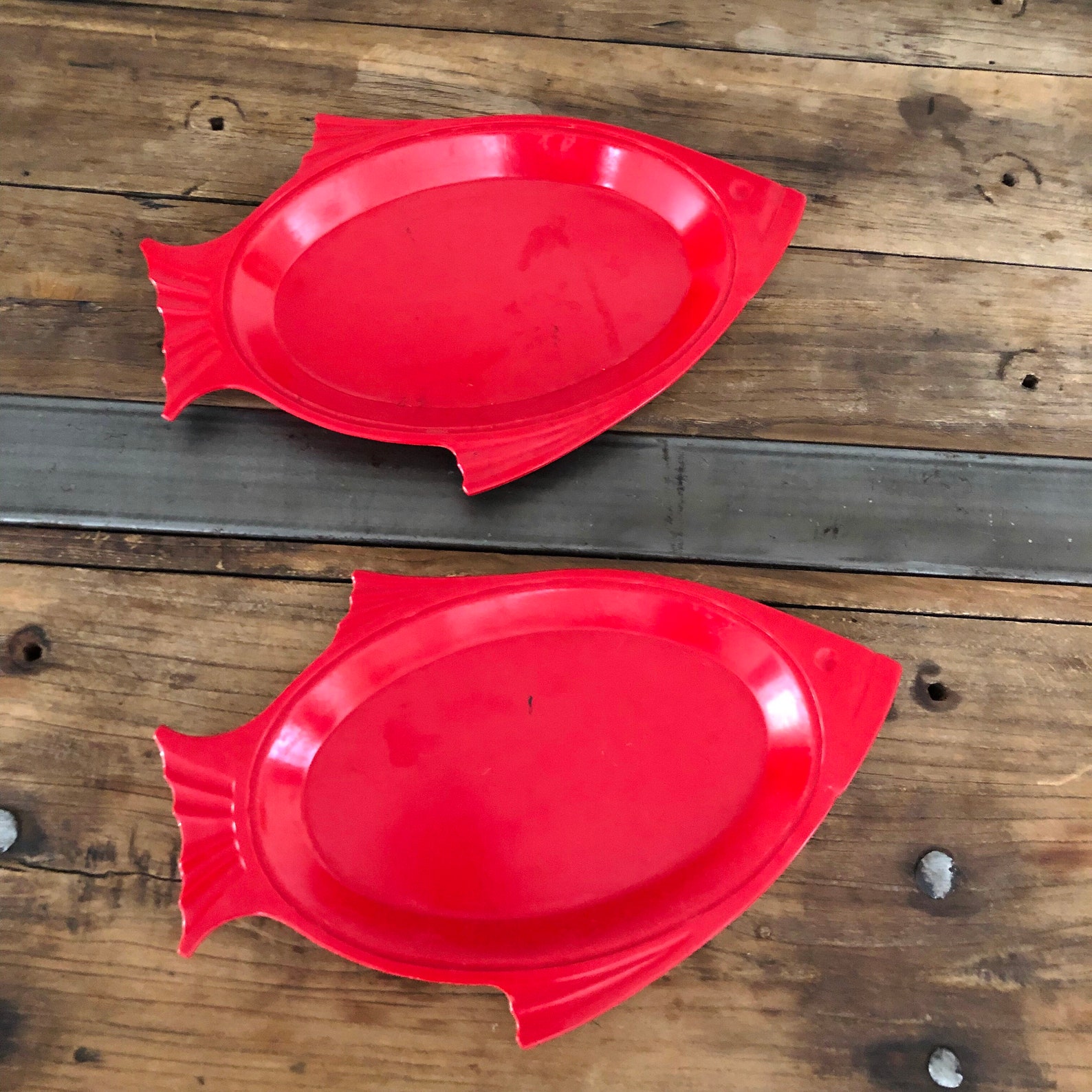 Vintage 1950s Set of 2 Rare Oversized Red Plastic Fish Plates Etsy