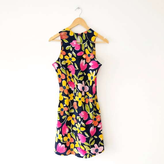 Vintage 90s Floral Print Crepe Mini Dress, Tulip … - image 1