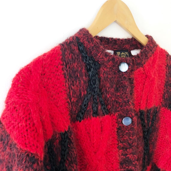 Vintage Fuzzy Hand Knit Red and Black Patchwork P… - image 4