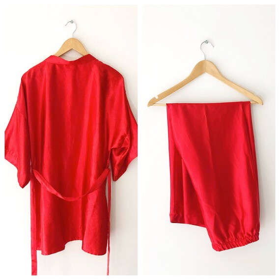 Vintage Red Satin Robe and Pajama Pants Set, Made