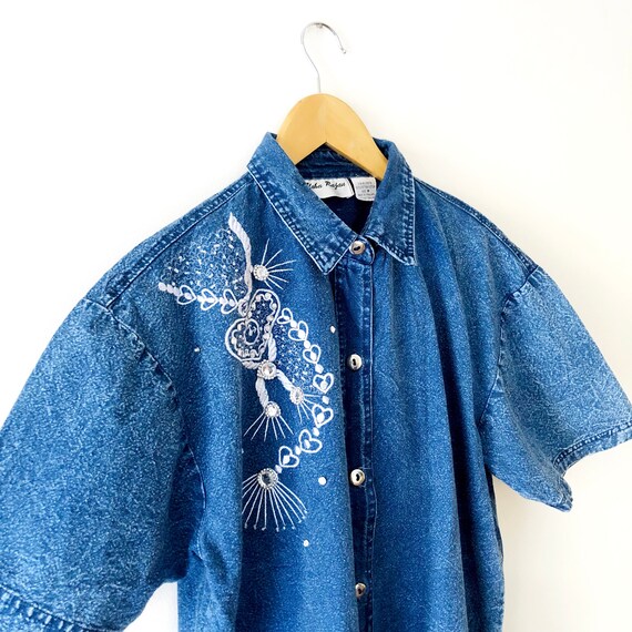 Vintage 80s Acid Wash Blue Denim Shirt with Beade… - image 2