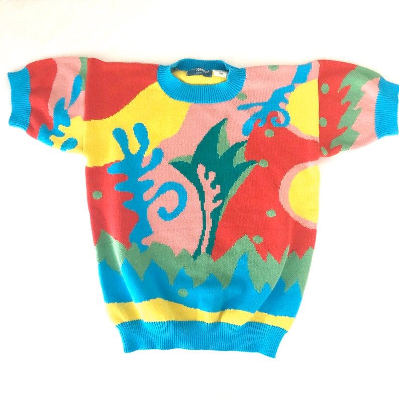 100/% Cotton Size M Vintage 90s Multicolor Abstract Tropical Print Oversized Knit Short Sleeve Sweater
