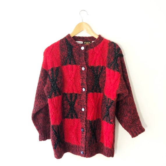 Vintage Fuzzy Hand Knit Red and Black Patchwork P… - image 2