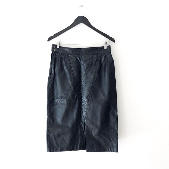 Vintage 1980s Black Leather Panel Skirt / High Wa… - image 1