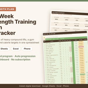 Op de afbeelding: Een 12-wekelijks krachttrainingsplan met tracker-spreadsheet, inclusief een voortgangsdashboard en een logboek voor oefeningen, sets, herhalingen en gewichten. Het digitale document is compatibel met Google Sheets, Excel en telefoons.