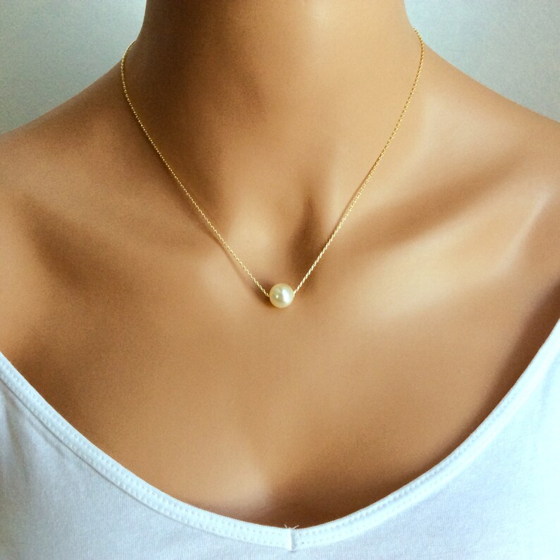 Floating Pearl Necklace in Gold Chain With 10MM Cream Etsy