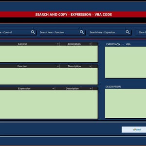 May include: A dark blue interface with a red header displays a navigation menu and search fields. The text "SEARCH AND COPY - EXPRESSION - VBA CODE" is at the top. The interface includes fields for "Control," "Function," and "Expression."
