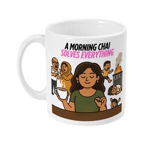 Morning Chai Mug – Desi Tea Lover Mug – Funny South Asian Gift – Brown Family Chaos Mug – Chai Solves Everything Mug – Indian Chai Mug image 1