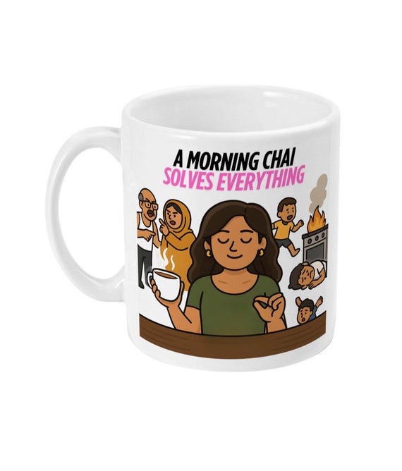 Morning Chai Mug – Desi Tea Lover Mug – Funny South Asian Gift – Brown Family Chaos Mug – Chai Solves Everything Mug – Indian Chai Mug