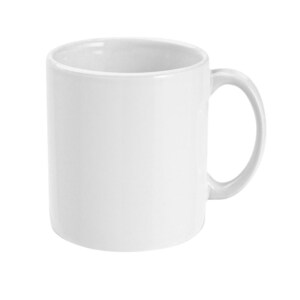 May include: A white ceramic mug with a curved handle. The mug is cylindrical and has a smooth, glossy finish. The interior of the mug is also white. The mug is empty and sits against a white background.