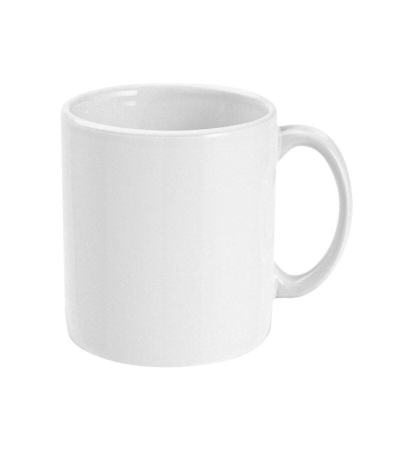May include: A white ceramic mug with a curved handle. The mug is cylindrical and has a smooth, glossy finish. The interior of the mug is also white. The mug is empty and sits against a white background.