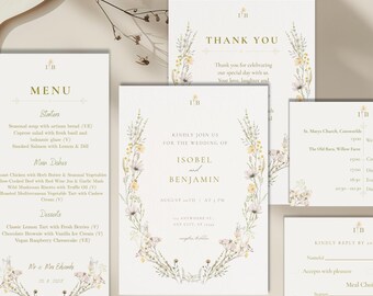 Editable Wedding Invitation Bundle / Rustic Boho Wildflower / Digital Download / Invite, RSVP, Menu, Details & Thank You Cards Template