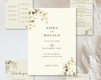 Editable Wedding Invitation Template Bundle | Canva Wedding Suite | Botanical Rustic Boho Invite RSVP Menu Timeline | Instant Download