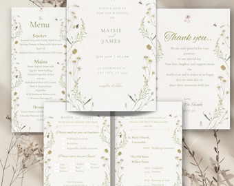 Wildflower Wedding invitation Suite Bundle | Editable Canva Template | Rustic Floral Invite, RSVP, Menu, Detail & Thank You Cards